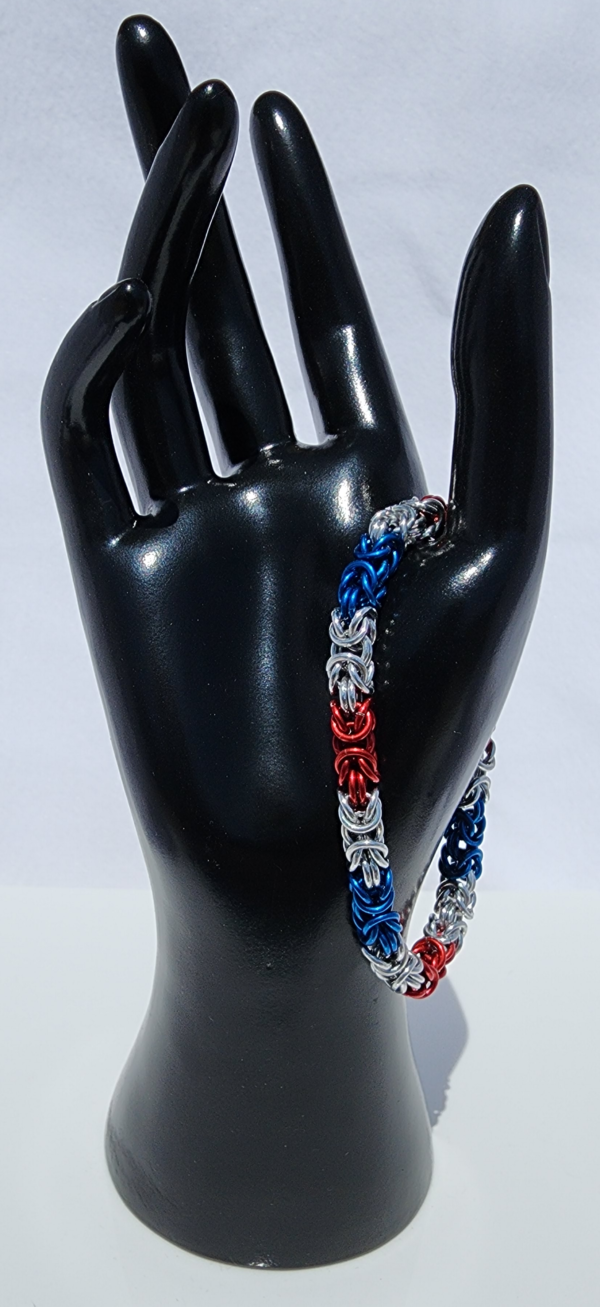 Red, Silver & Blue Byzantine Bracelet - Image 4