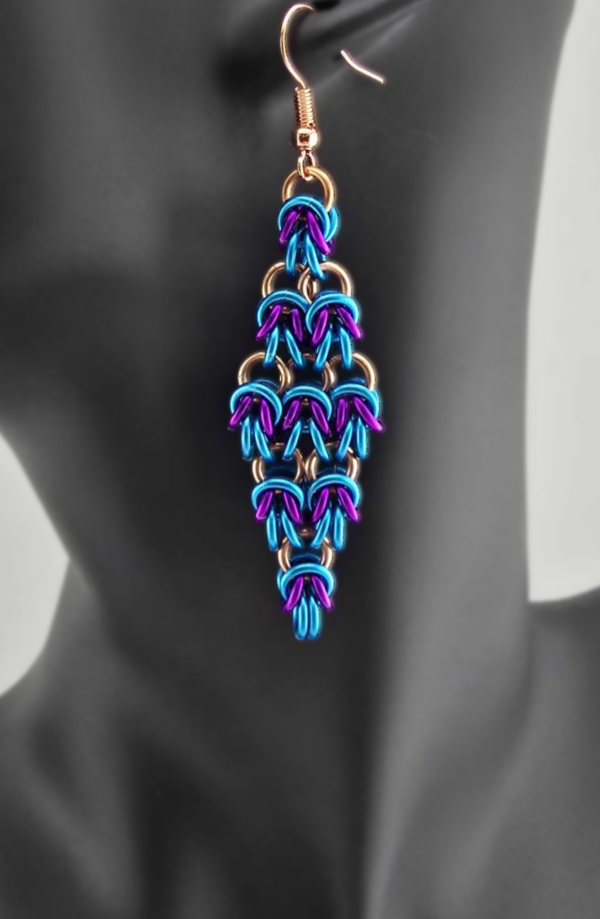 Turquoise, Copper and Purple Half-Byzantine “Diamond” Earrings